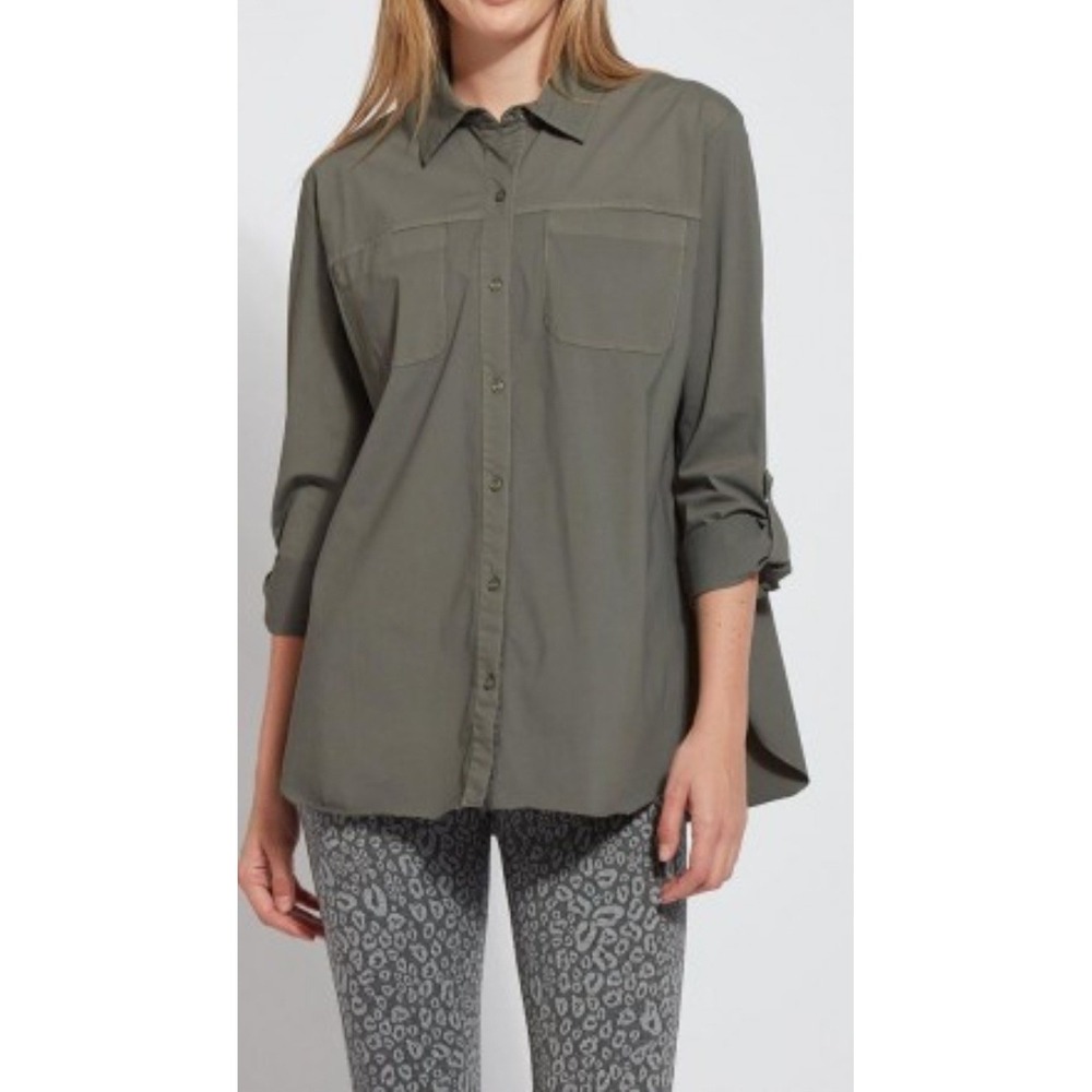 Lysse Camper Sporty Button Down Shirt Olive Green Stretch Utility Top 2927 Small